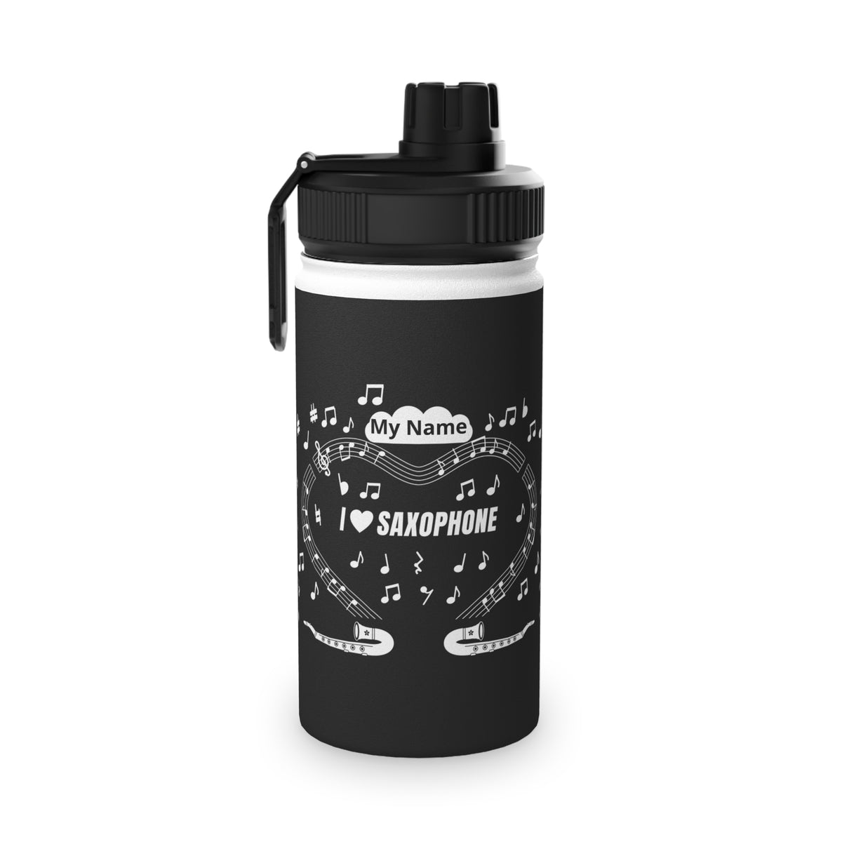 Music-themed Stainless Steel Water Bottle, Sports Lid: 'I love saxophone' - black & white