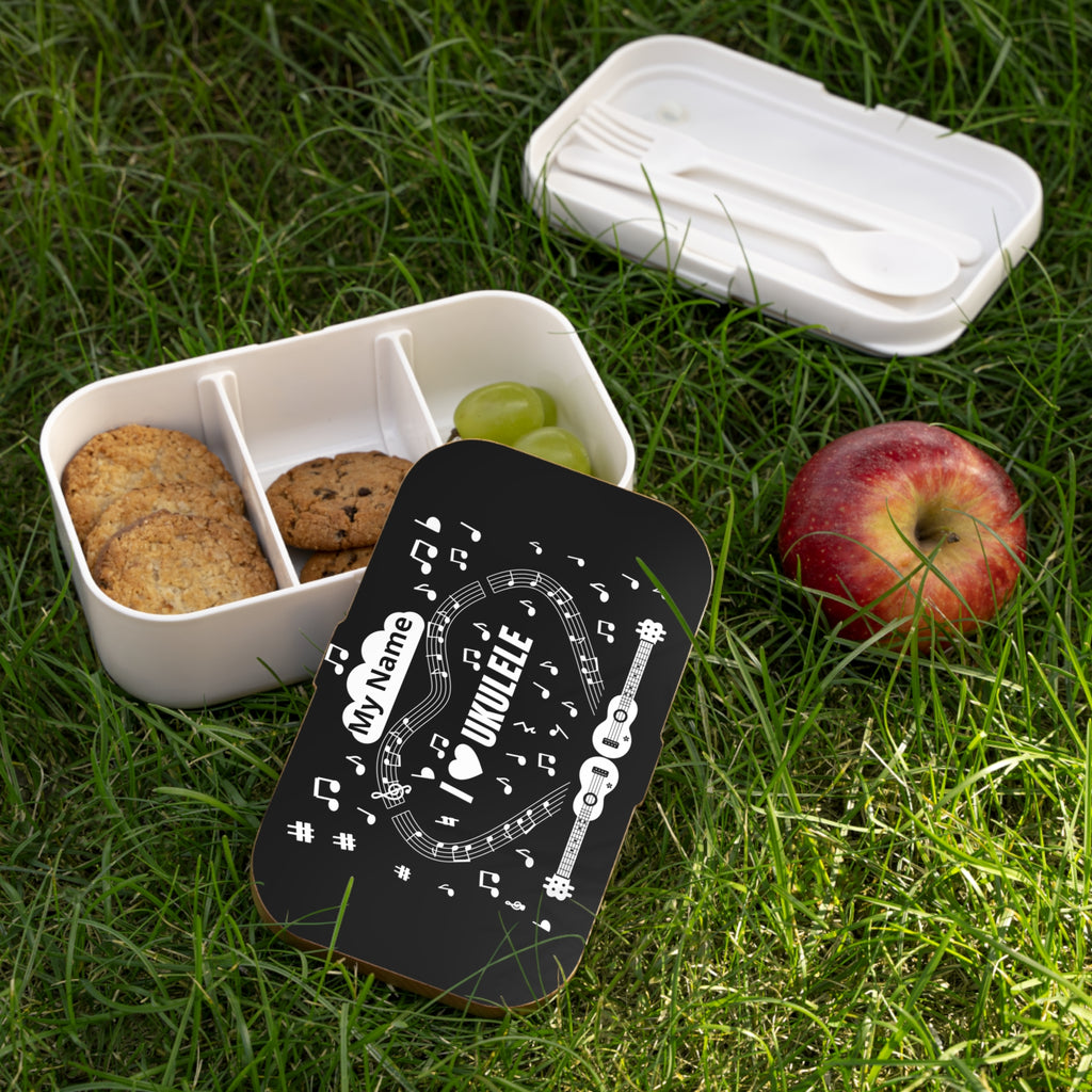 Music-themed Bento Lunch Box: 'I love ukulele' - black & white