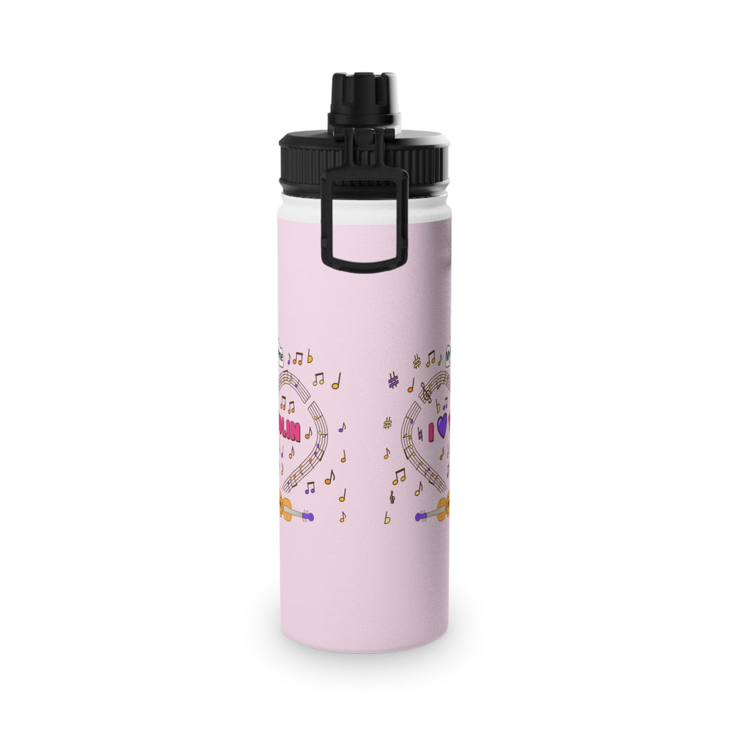 Music-themed Stainless Steel Water Bottle, Sports Lid: 'I love violin' - pink
