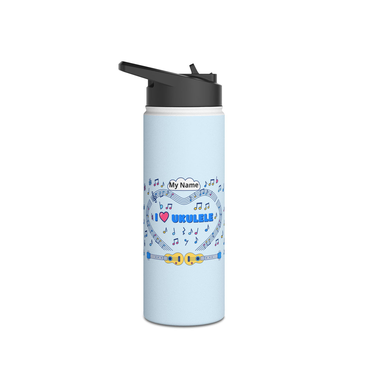 Music-themed Stainless Steel Water Bottle, Standard Lid: 'I love ukulele' - blue