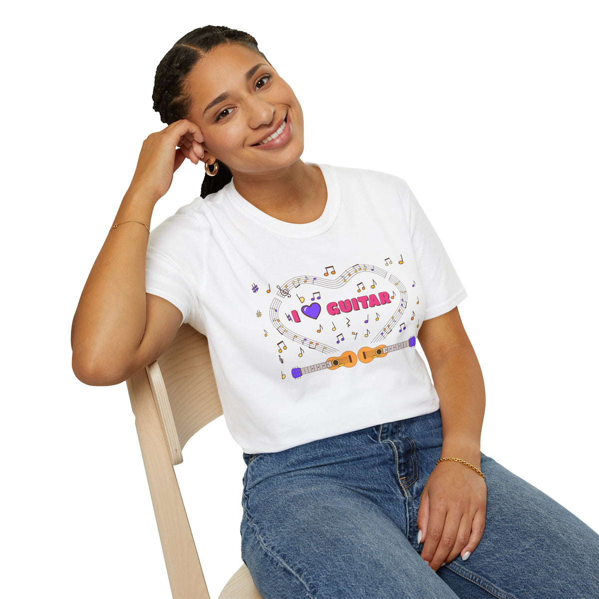 Music-themed Unisex Softstyle T-Shirt: 'I love guitar' - pink