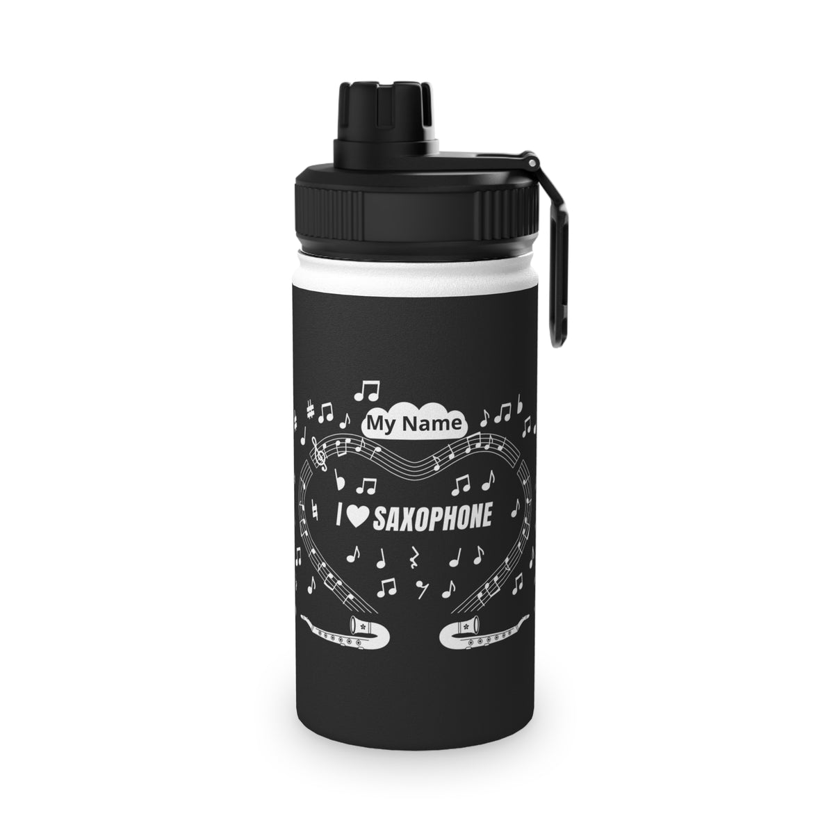 Music-themed Stainless Steel Water Bottle, Sports Lid: 'I love saxophone' - black & white