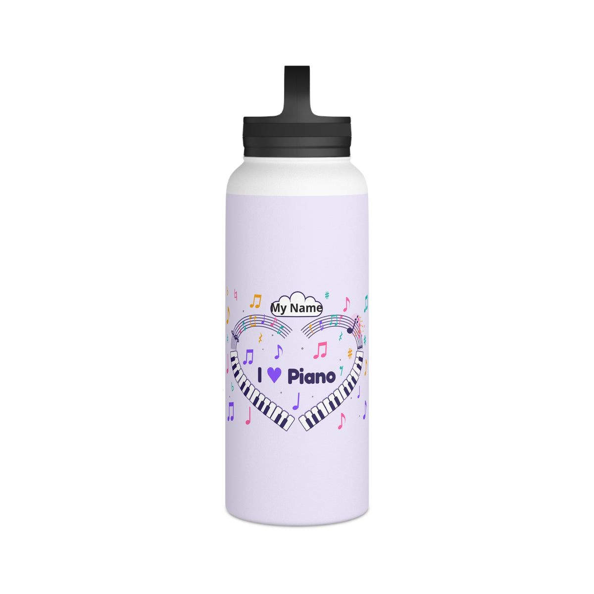 Music-themed Stainless Steel Water Bottle, Handle Lid: 'I love piano' heart - violet