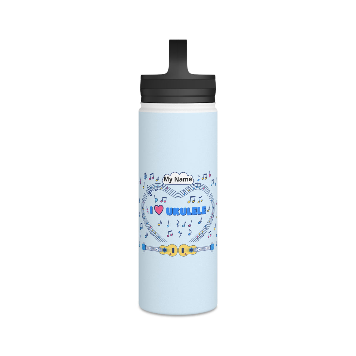 Music-themed Stainless Steel Water Bottle, Handle Lid: 'I love ukulele' - blue
