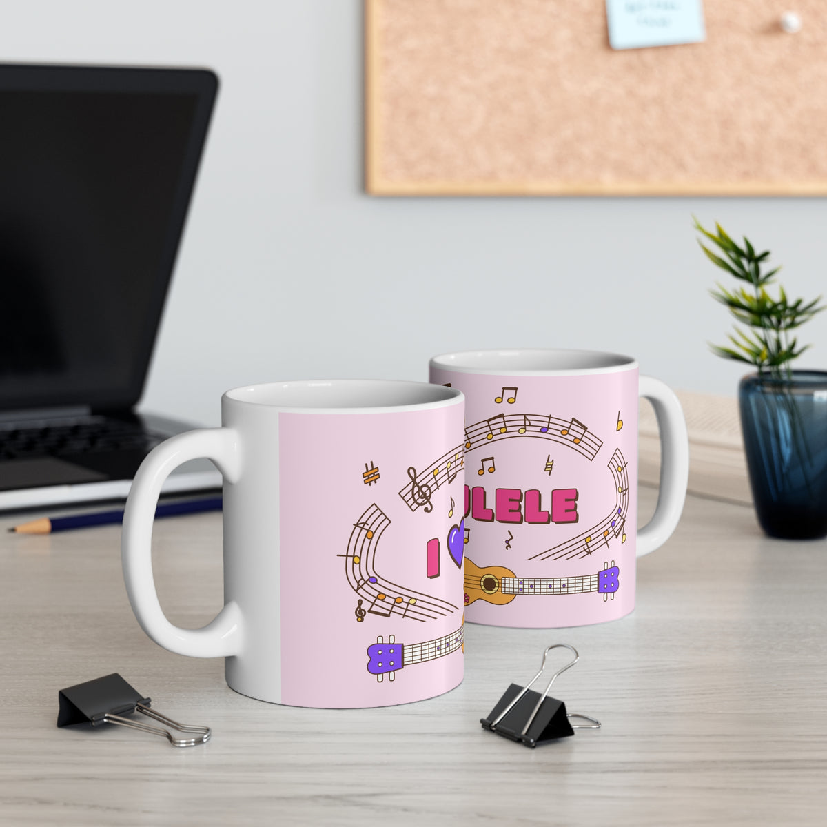 Music-themed Ceramic Mug, 11oz, 15oz: 'I love ukulele' - pink