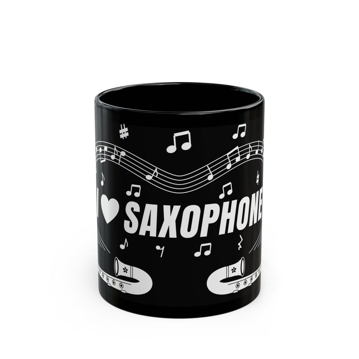 Music-themed Black Mug (11oz, 15oz): 'I love saxophone' - black & white