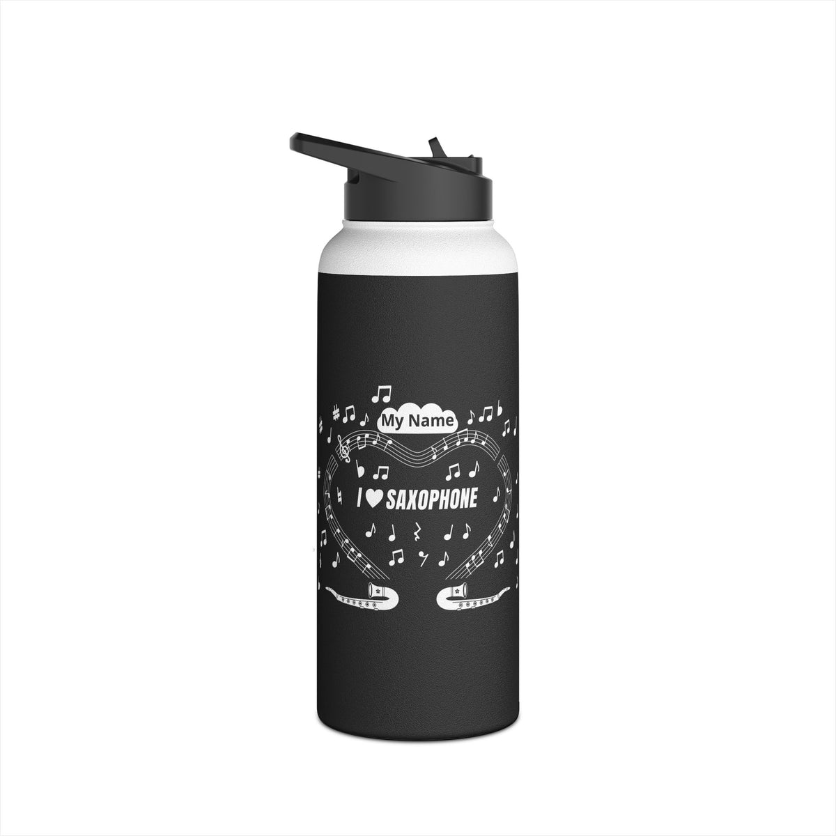 Music-themed Stainless Steel Water Bottle, Standard Lid: 'I love saxophone' - black & white
