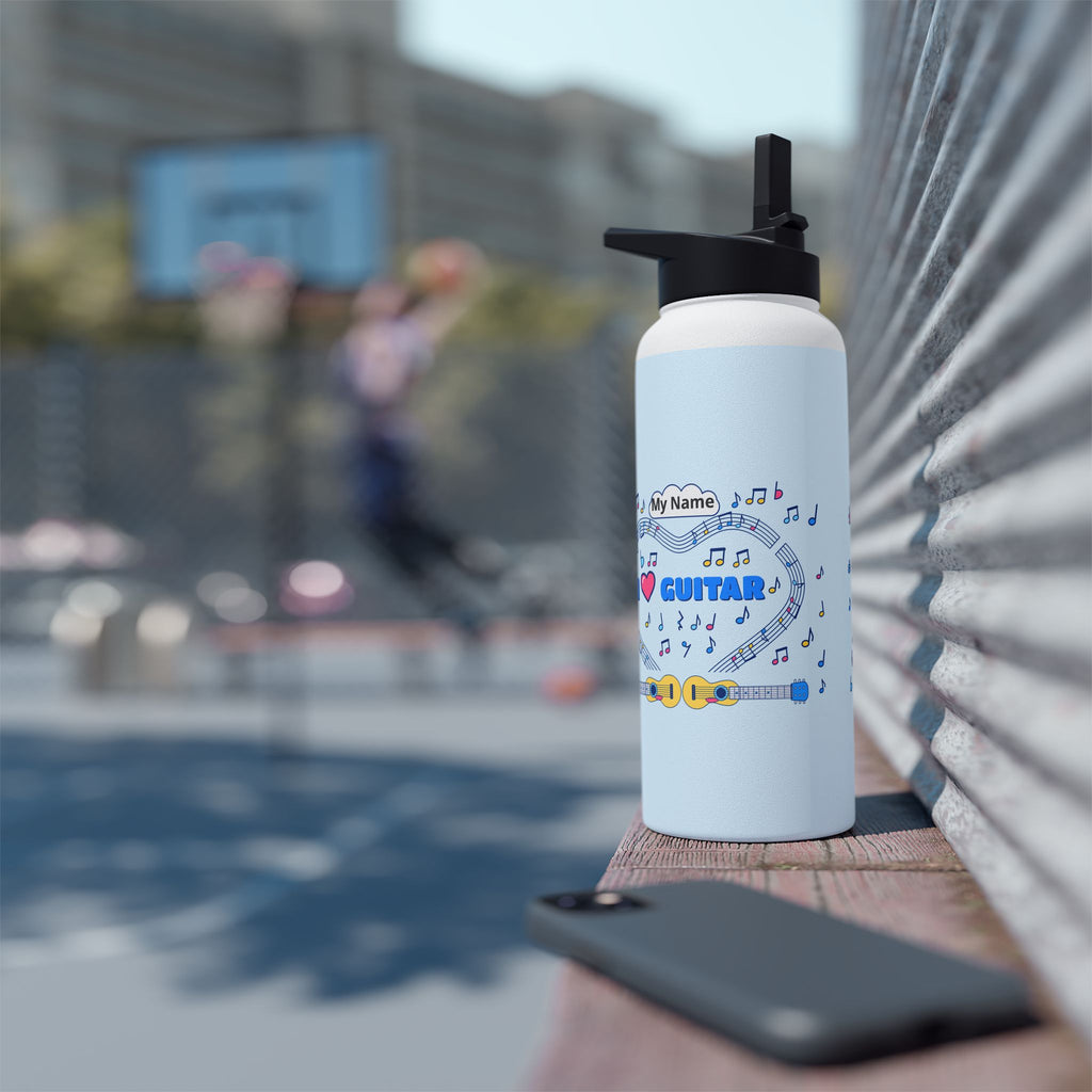 Music-themed Stainless Steel Water Bottle, Standard Lid: 'I love guitar' - blue