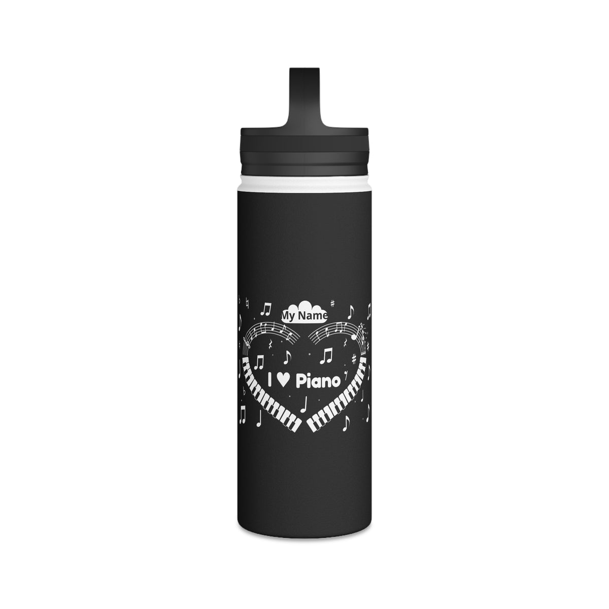 Music-themed Stainless Steel Water Bottle, Handle Lid: 'I love piano' heart - black & white