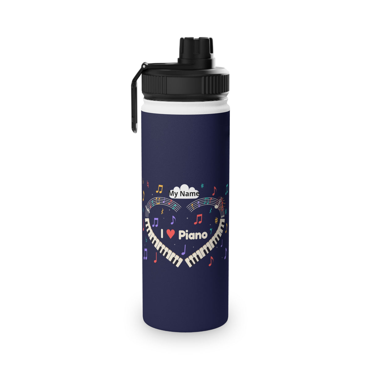 Music-themed Stainless Steel Water Bottle, Sports Lid: 'I love piano' heart - navy