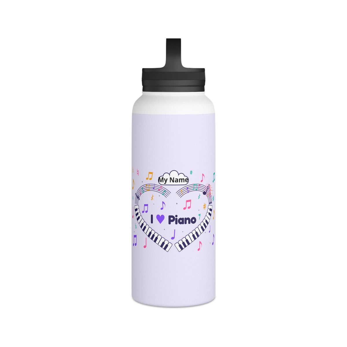 Music-themed Stainless Steel Water Bottle, Handle Lid: 'I love piano' heart - violet