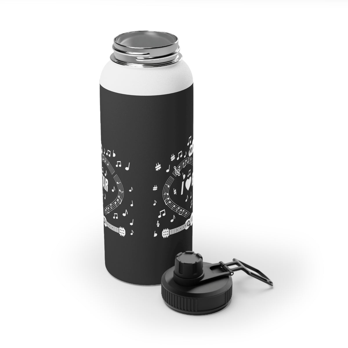 Music-themed Stainless Steel Water Bottle, Sports Lid: 'I love guitar' - black & white