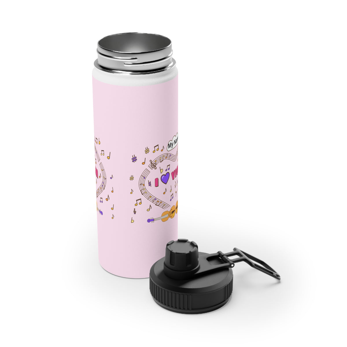 Music-themed Stainless Steel Water Bottle, Sports Lid: 'I love violin' - pink