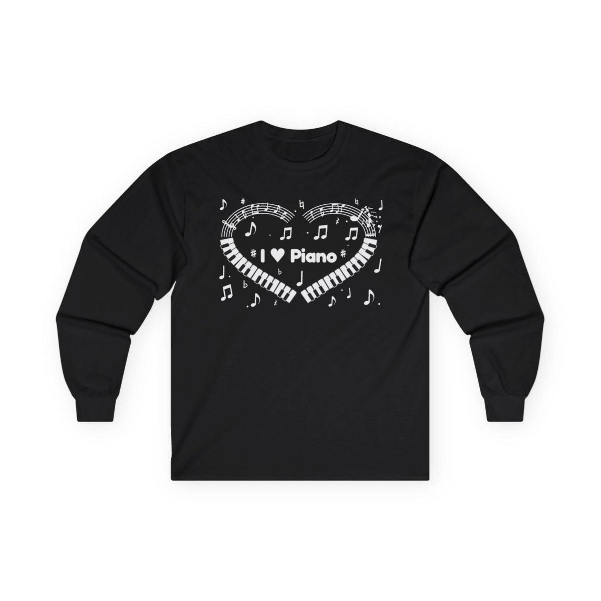 Music-themed Unisex Ultra Cotton Long Sleeve Tee: 'I love piano' heart - black & white