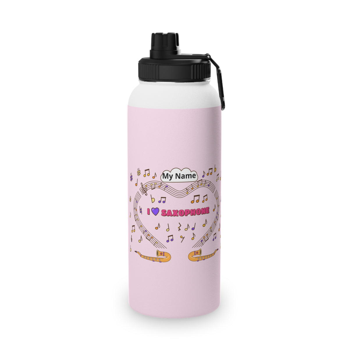 Music-themed Stainless Steel Water Bottle, Sports Lid: 'I love saxophone' - pink