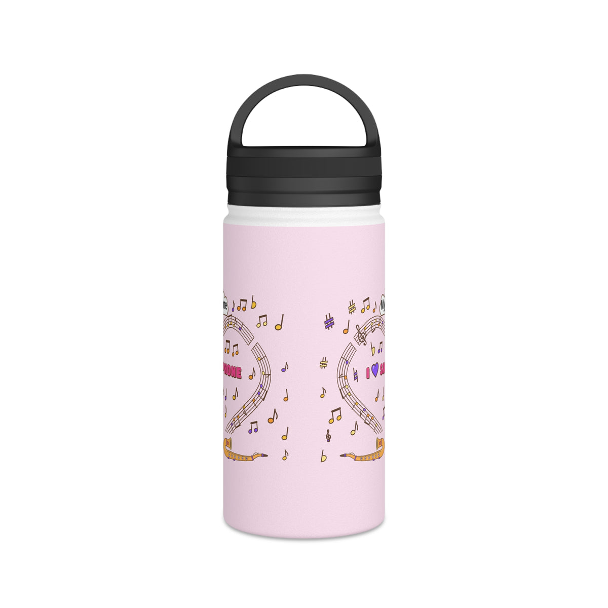 Music-themed Stainless Steel Water Bottle, Handle Lid: 'I love saxophone' - pink