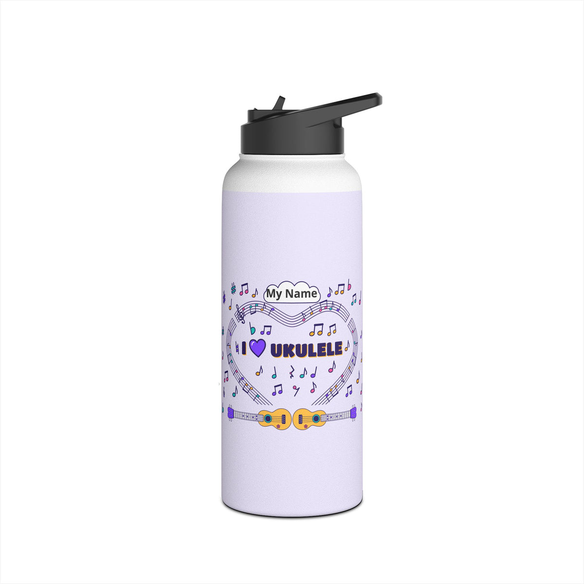 Music-themed Stainless Steel Water Bottle, Standard Lid: 'I love ukulele' - violet