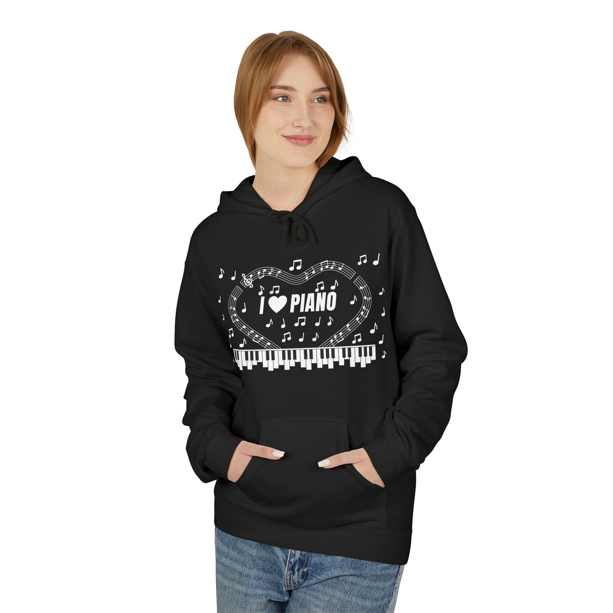 Music-themed Unisex Midweight Softstyle Fleece Hoodie: 'I love piano' - black & white