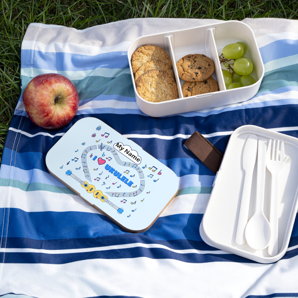 Music-themed Bento Lunch Box: 'I love ukulele' - blue