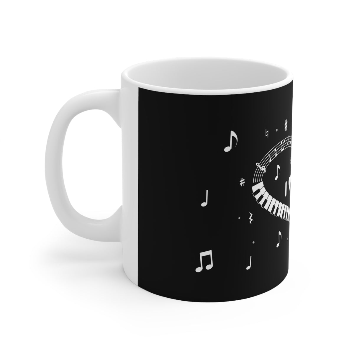 Music-themed Ceramic Mug, 11oz, 15oz: 'I love piano' heart - black & white