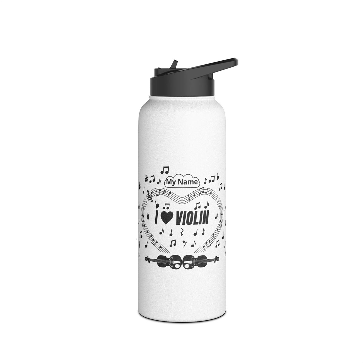 Music-themed Stainless Steel Water Bottle, Standard Lid: 'I love violin' - black on white