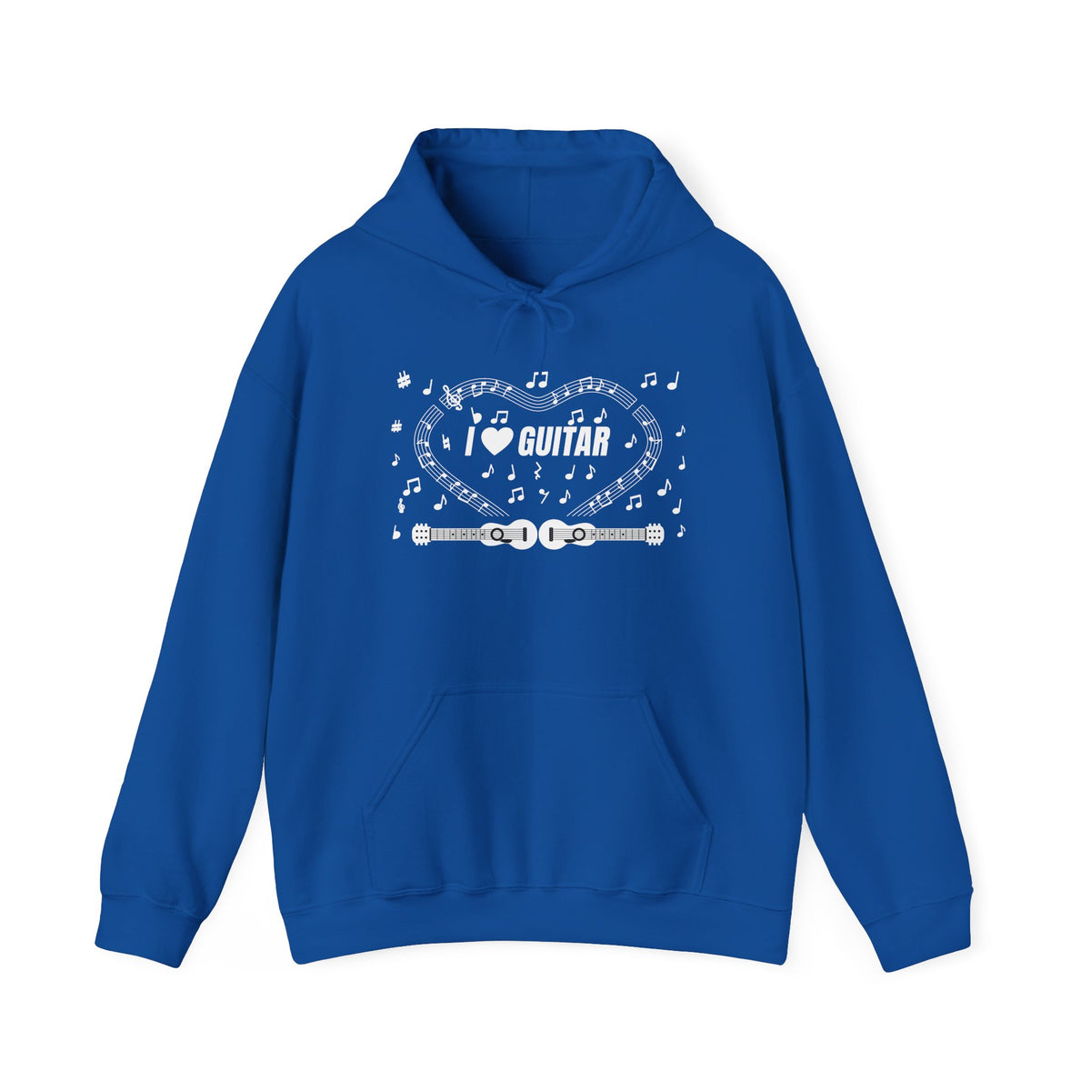 Music-themed Unisex Heavy Blend Hooded Sweatshirt: 'I love guitar' - black & white
