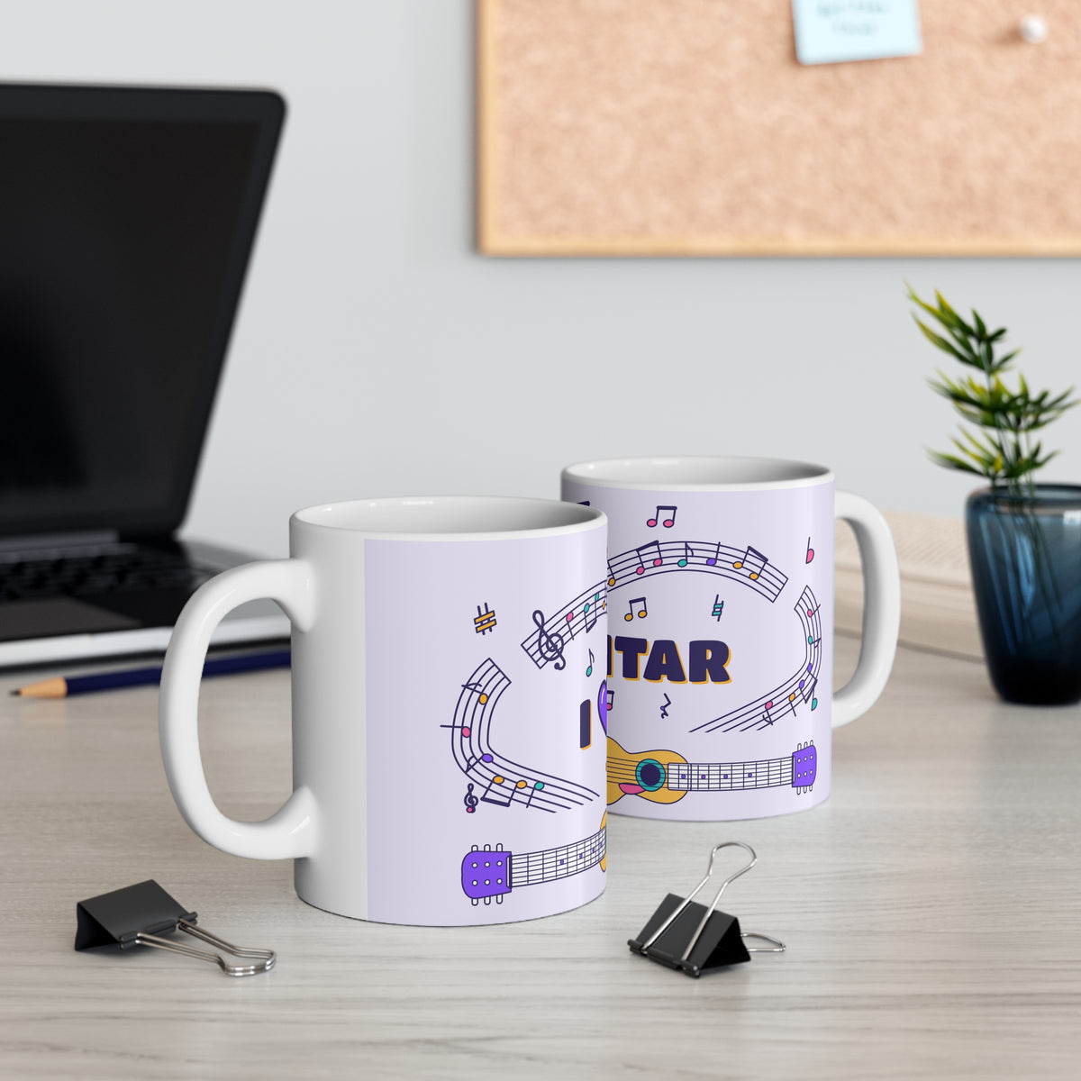 Music-themed Ceramic Mug, 11oz, 15oz: 'I love guitar' - violet
