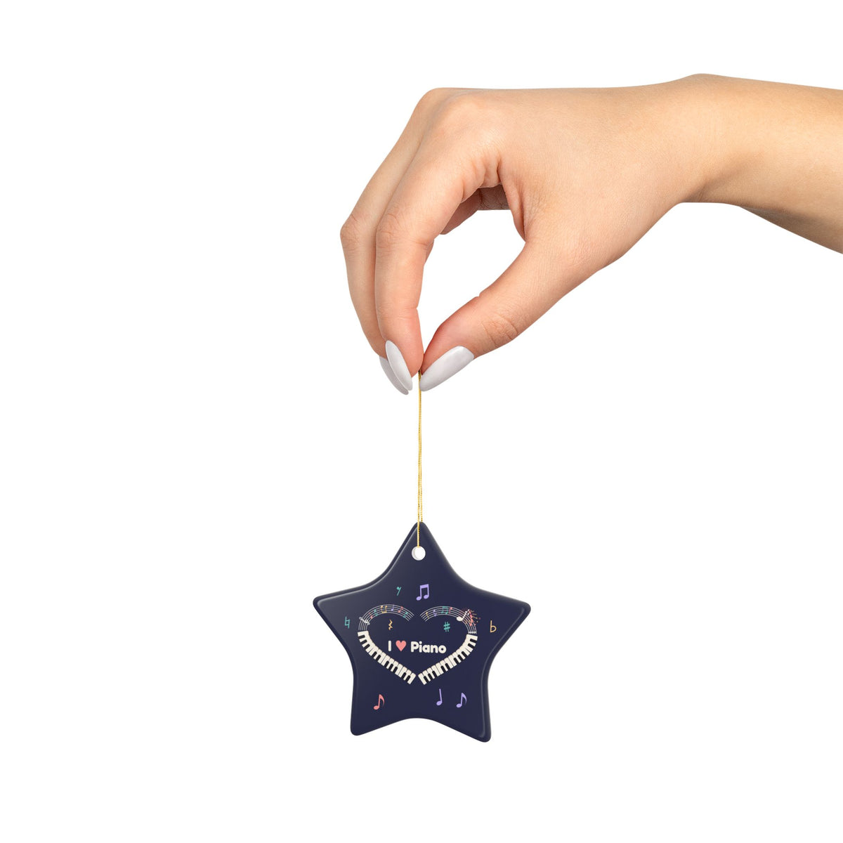 Music-themed Ceramic Ornaments, 1-Side Print: 'I love piano' heart - navy