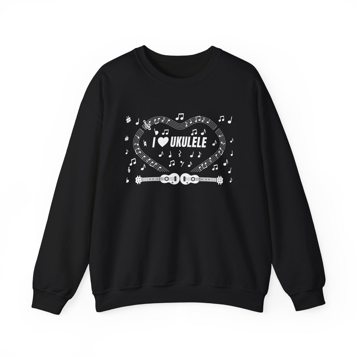 Music-themed Unisex Heavy Blend Crewneck Sweatshirt: 'I love ukulele' - black & white