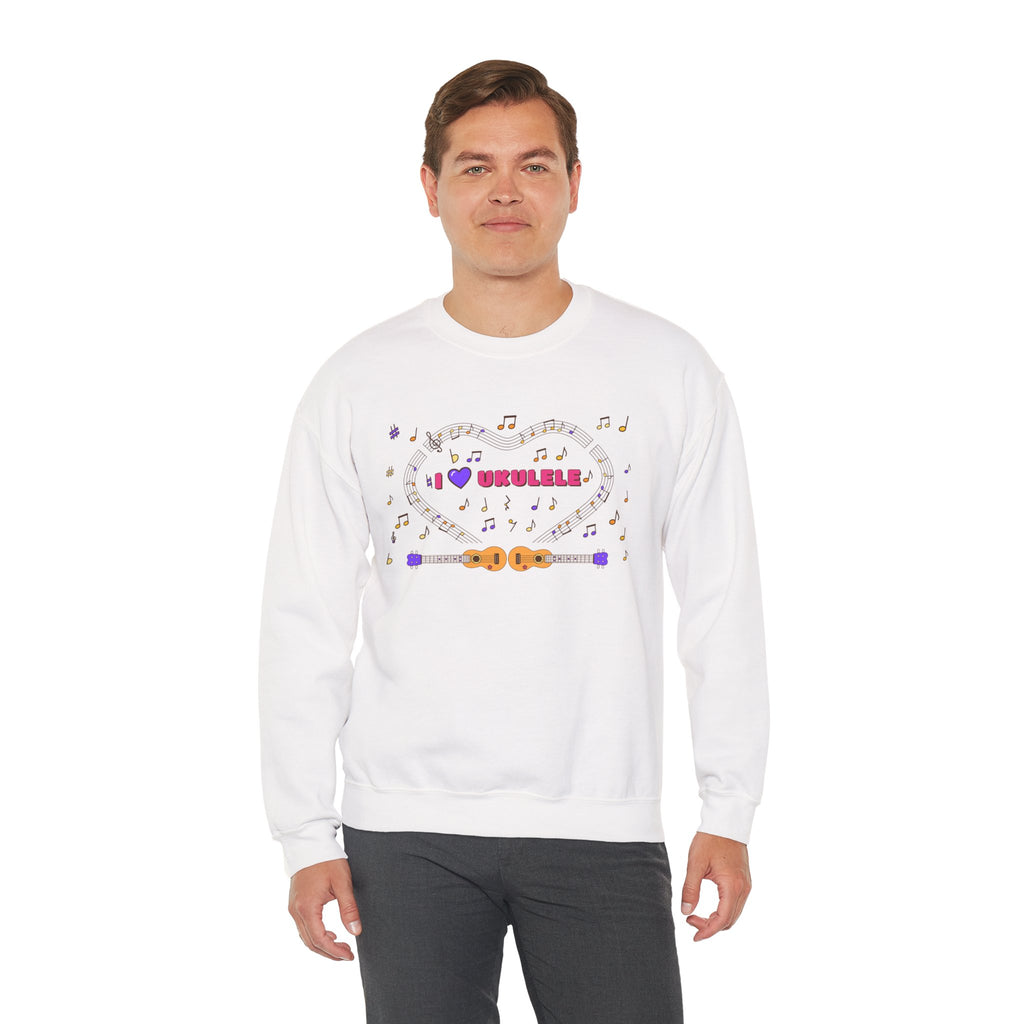 Music-themed Unisex Heavy Blend Crewneck Sweatshirt: 'I love ukulele' - pink