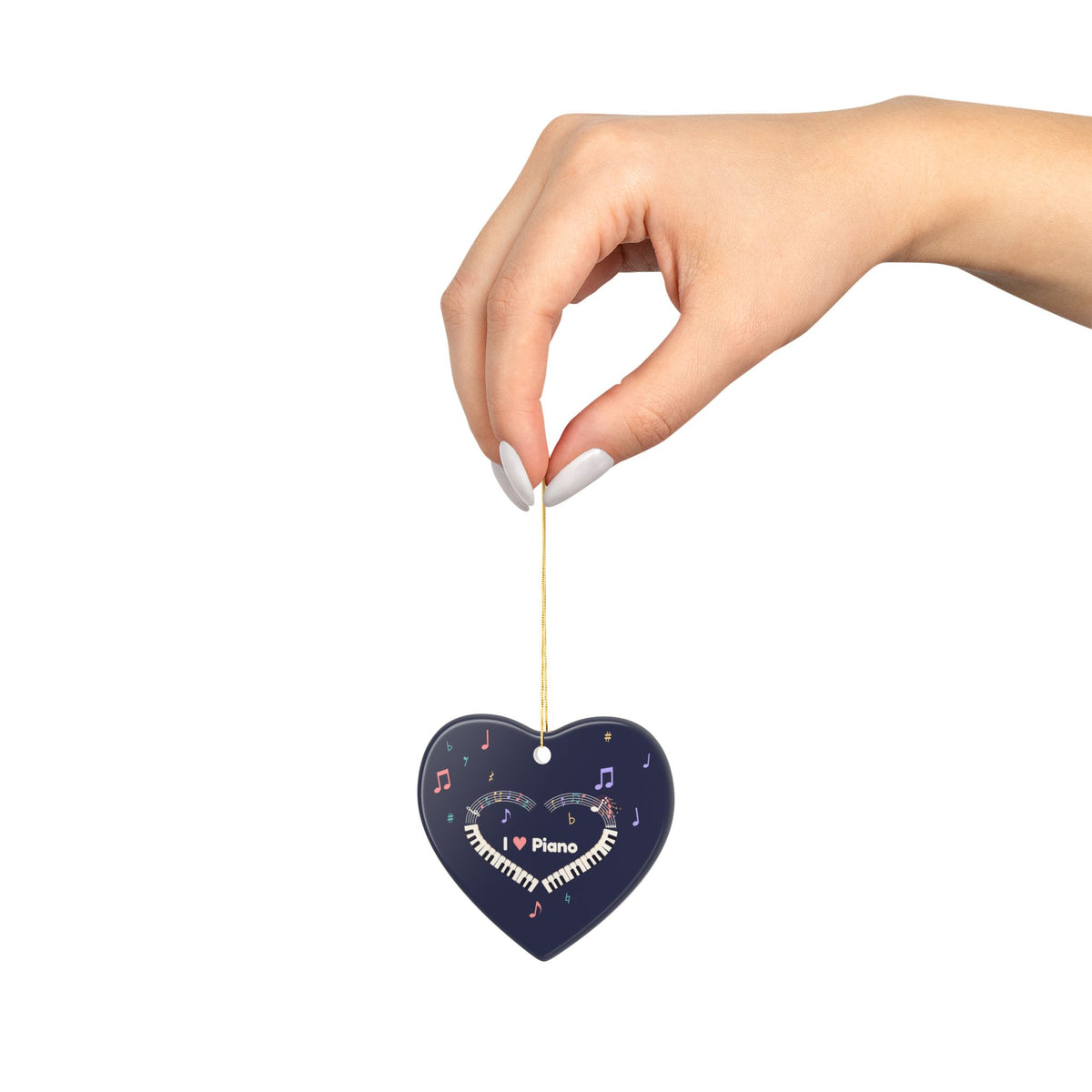 Music-themed Ceramic Ornaments, 1-Side Print: 'I love piano' heart - navy