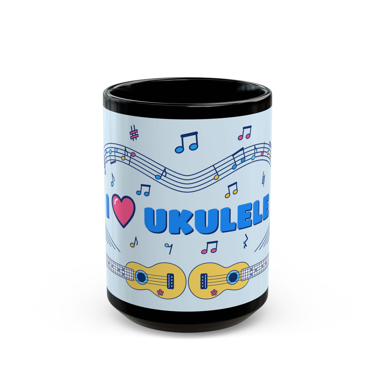 Music-themed Black Mug (11oz, 15oz): 'I love ukulele' - blue