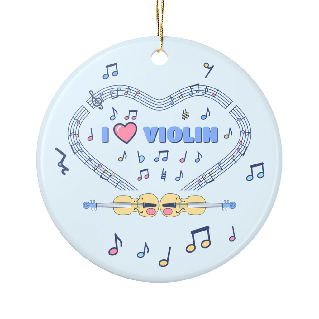 Music-themed Ceramic Ornaments, 1-Side Print: 'I love violin' - blue