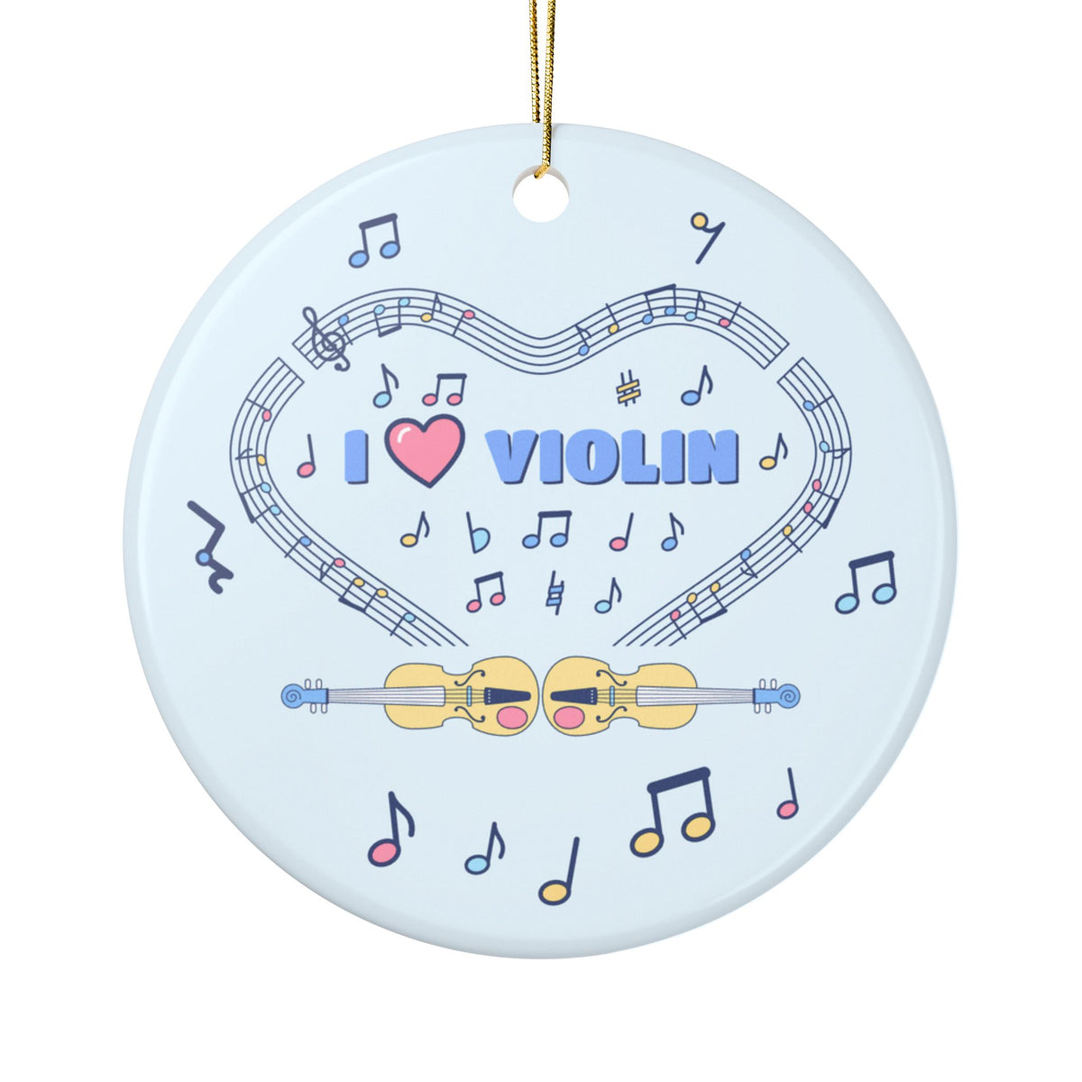 Music-themed Ceramic Ornaments, 1-Side Print: 'I love violin' - blue