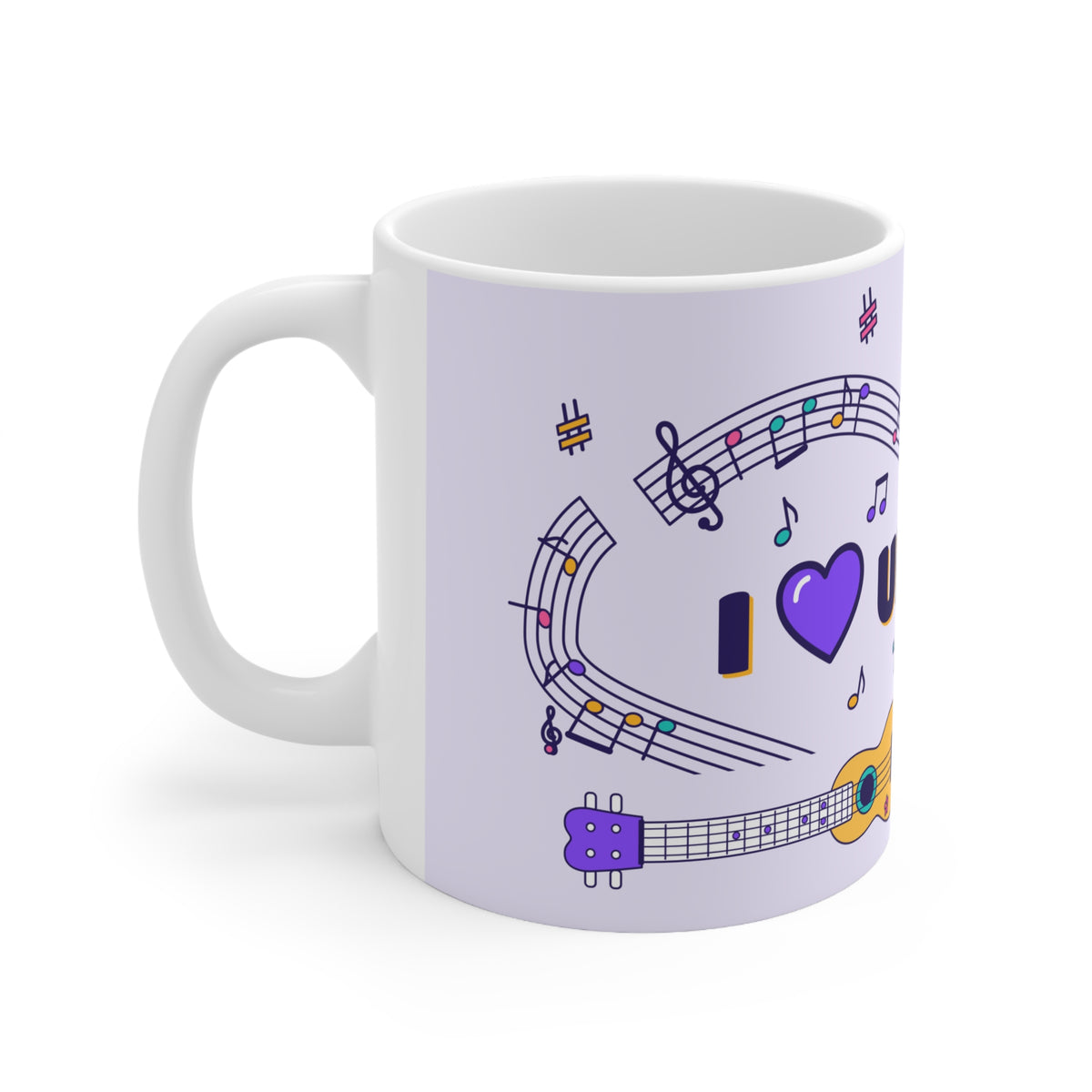 Music-themed Ceramic Mug, 11oz, 15oz: 'I love ukulele' - violet