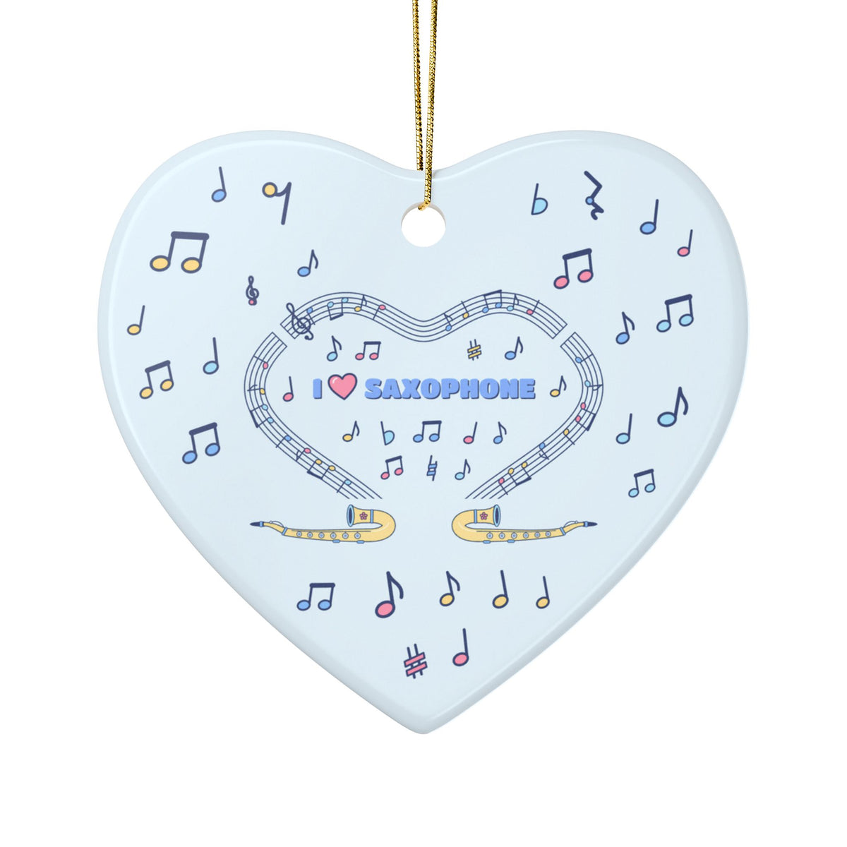 Music-themed Ceramic Ornaments, 2-Side Print: 'I love saxophone' - blue