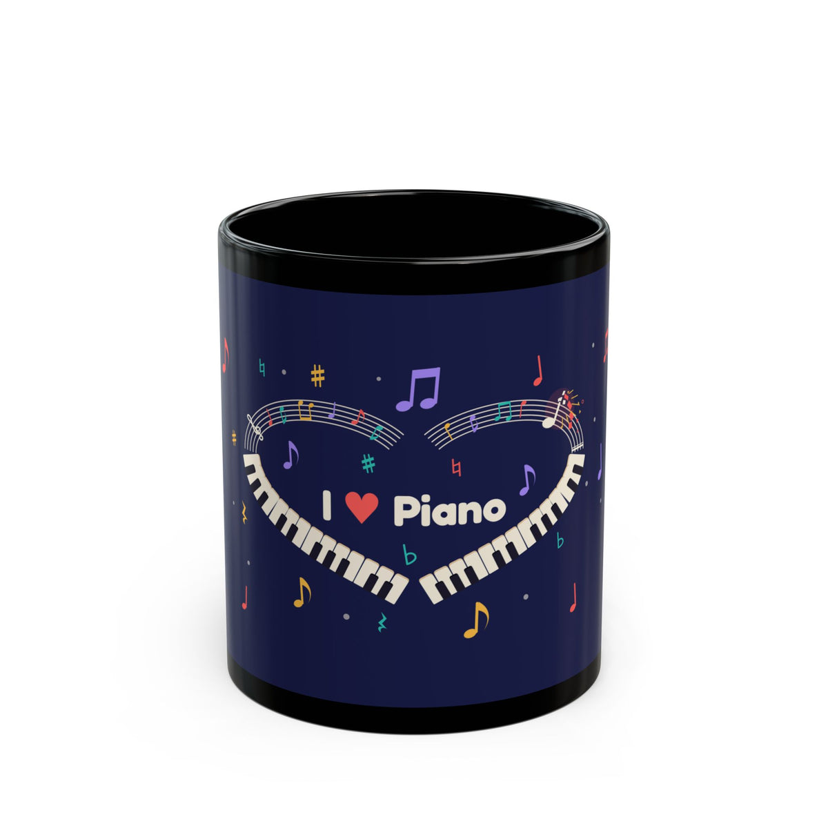 Music-themed Black Mug (11oz, 15oz): 'I love piano' heart - navy