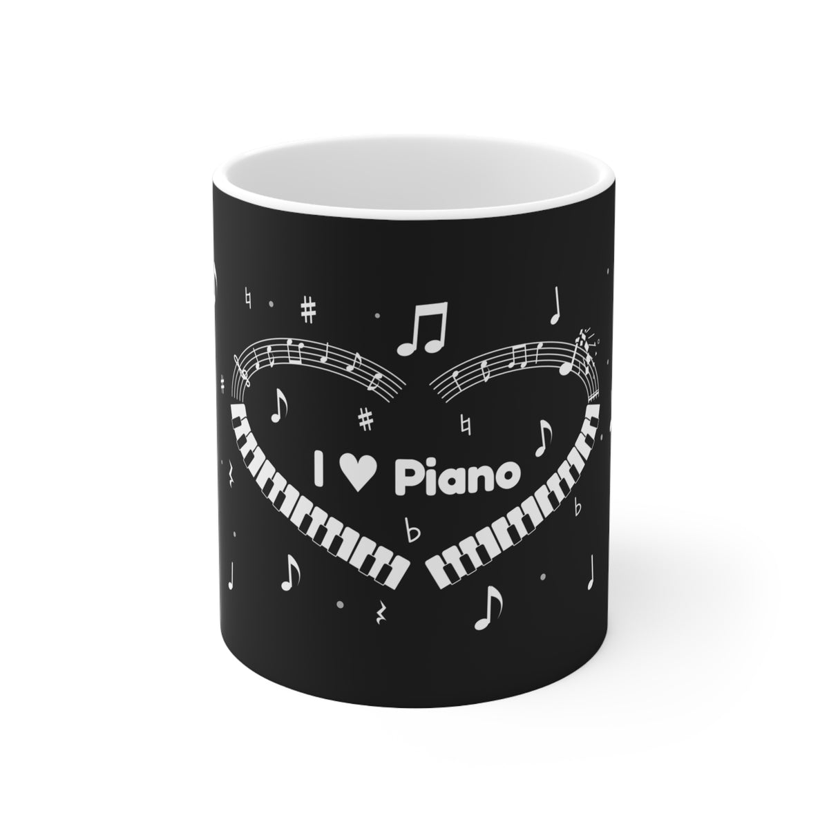 Music-themed Ceramic Mug, 11oz, 15oz: 'I love piano' heart - black & white