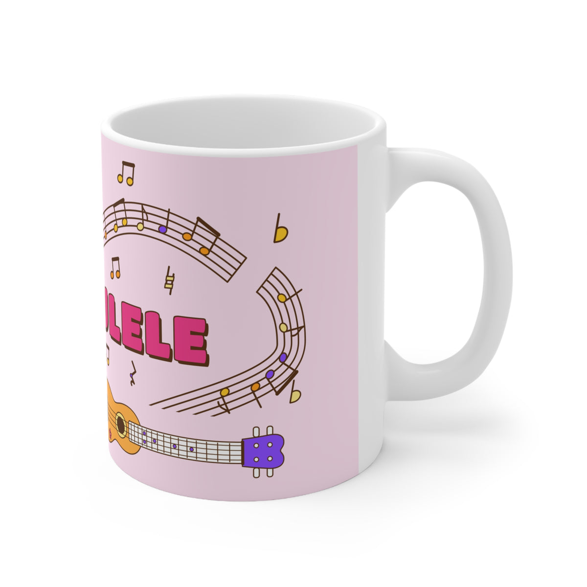 Music-themed Ceramic Mug, 11oz, 15oz: 'I love ukulele' - pink