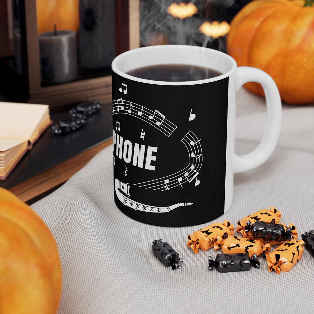 Music-themed Ceramic Mug, 11oz, 15oz: 'I love saxophone' - black & white