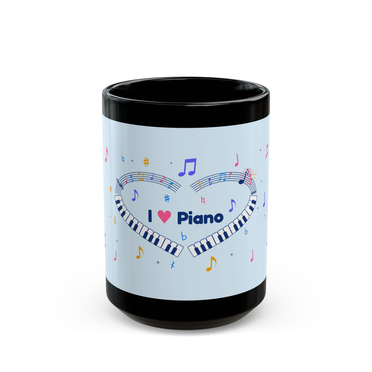 Music-themed Black Mug (11oz, 15oz): 'I love piano' heart - blue