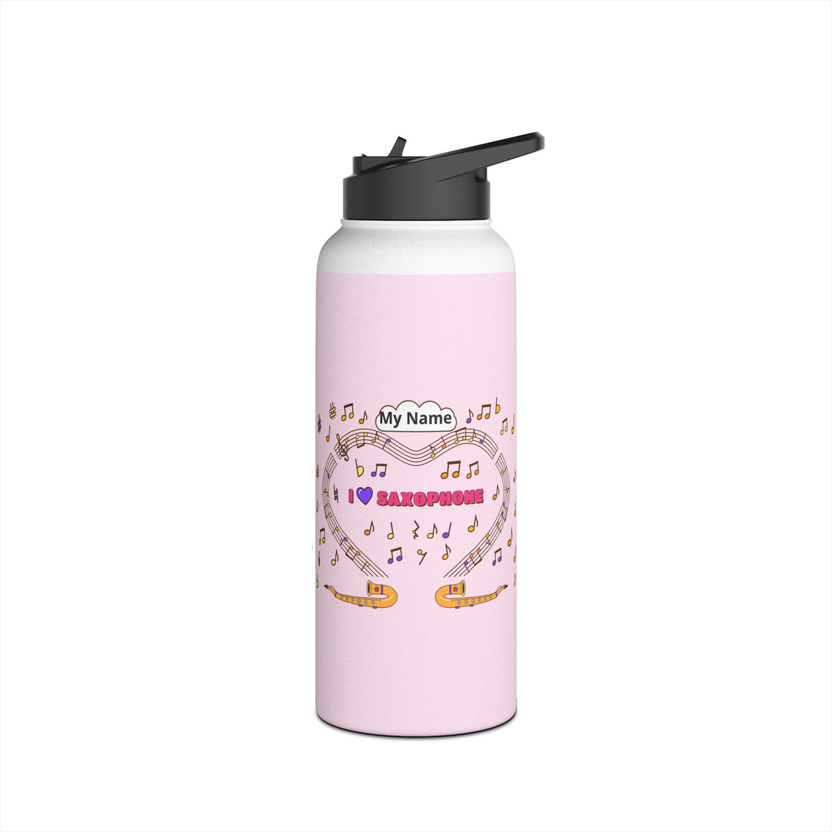 Music-themed Stainless Steel Water Bottle, Standard Lid: 'I love saxophone' - pink