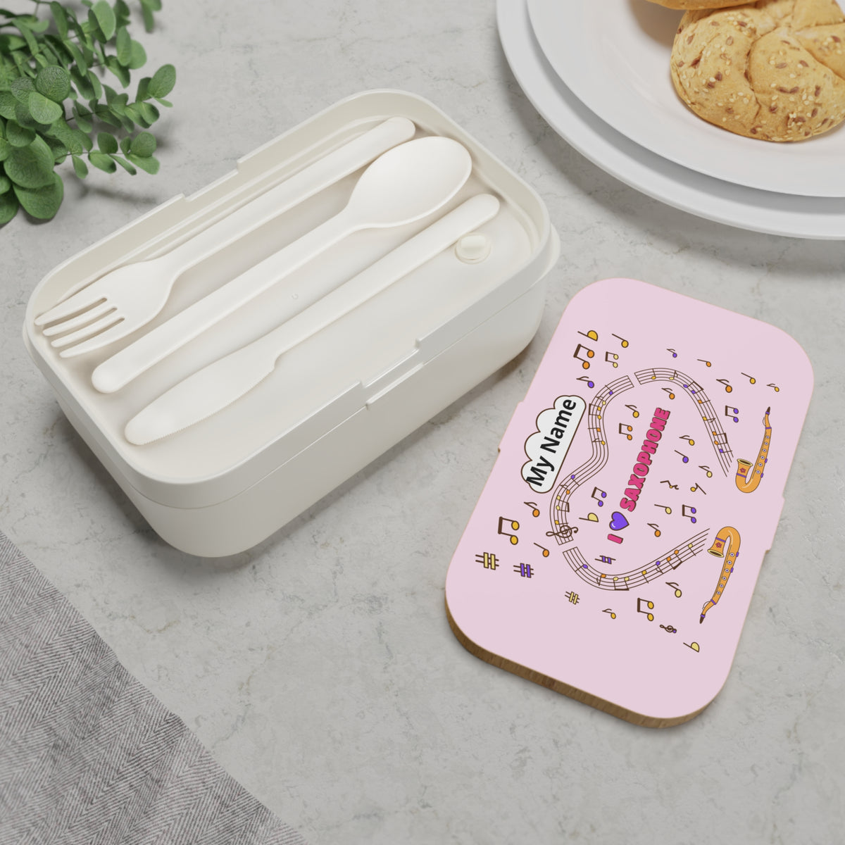 Music-themed Bento Lunch Box: 'I love saxophone' - pink