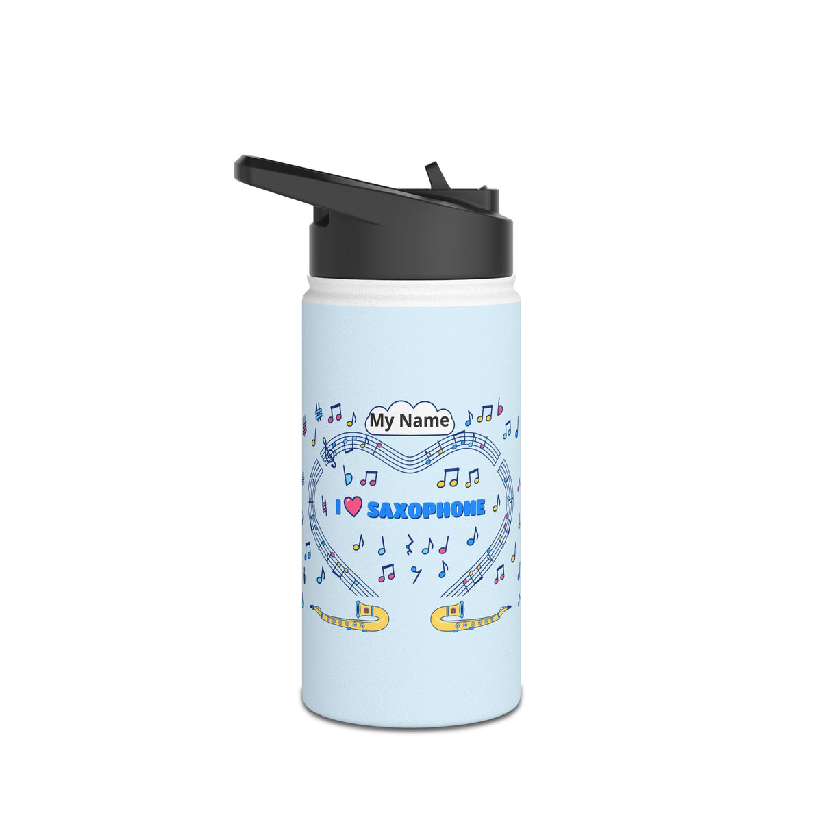Music-themed Stainless Steel Water Bottle, Standard Lid: 'I love saxophone' - blue