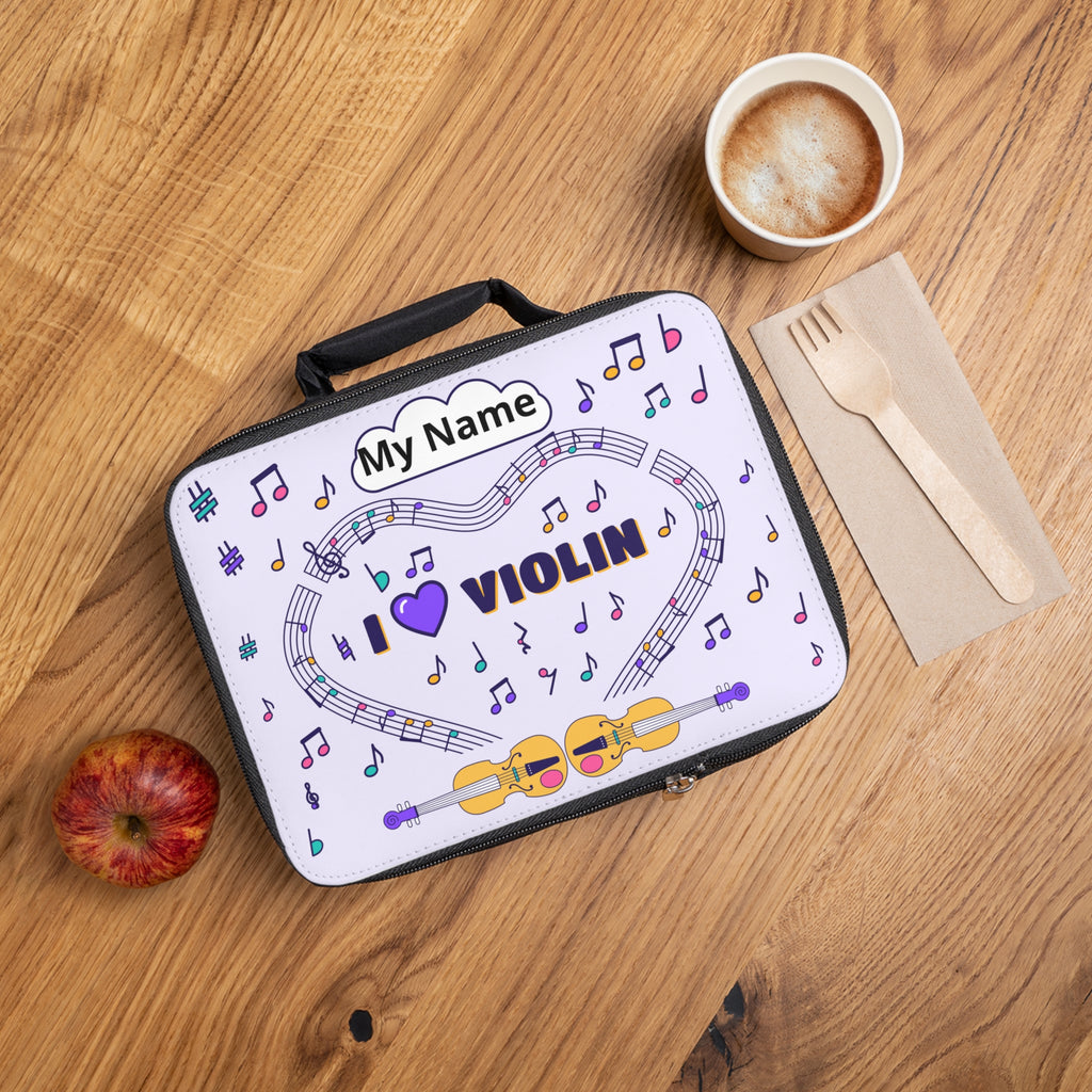 Music-themed Lunch Bag: 'I love violin' - violet