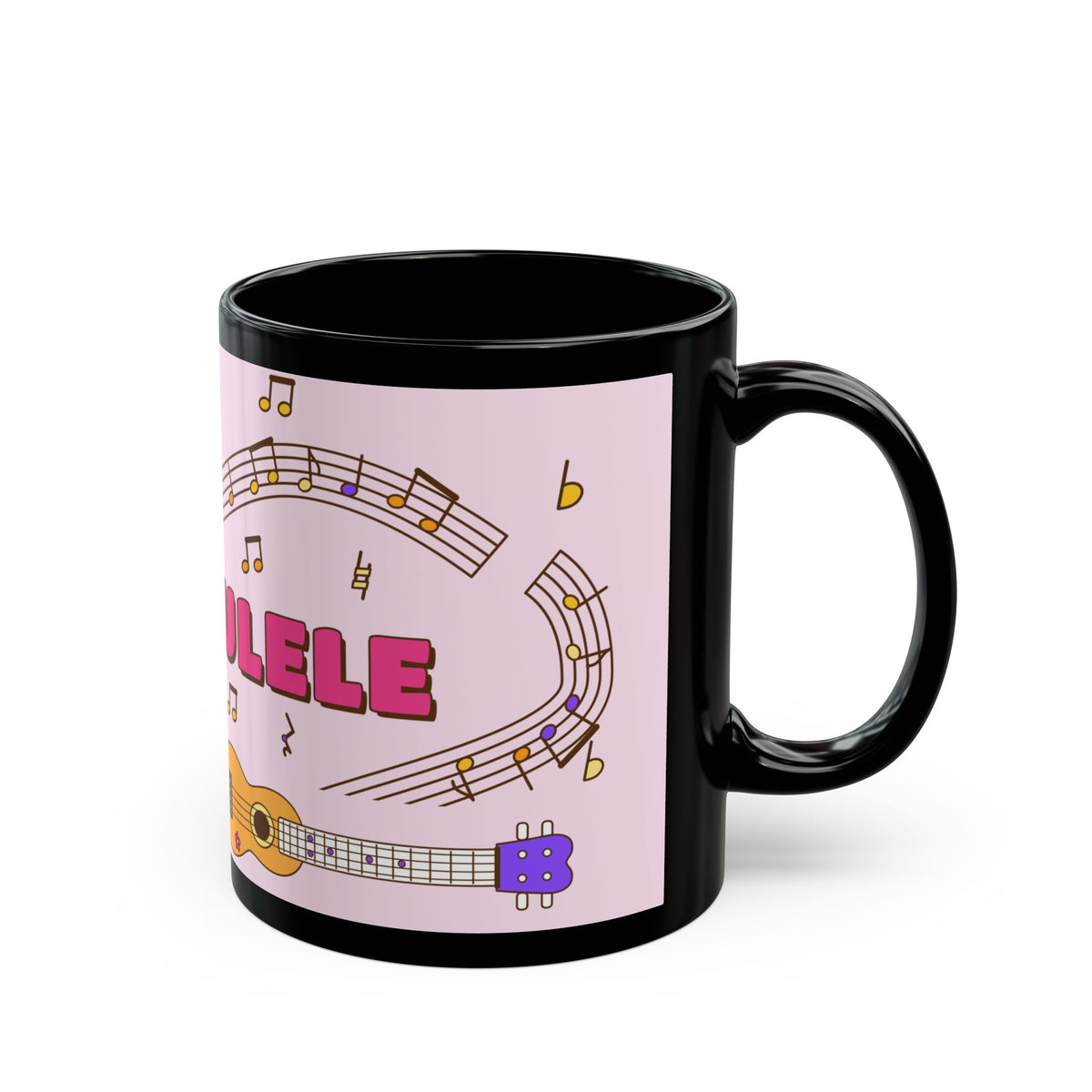 Music-themed Black Mug (11oz, 15oz): 'I love ukulele' - pink