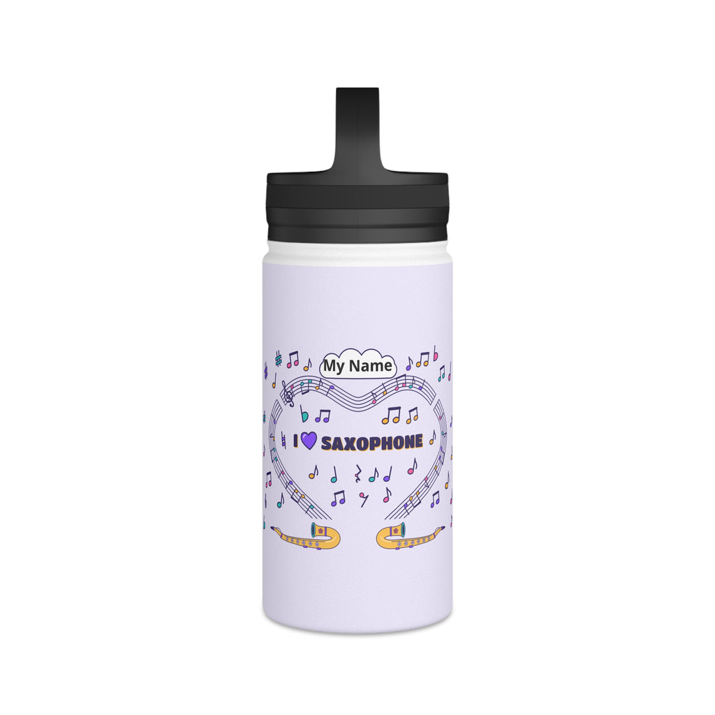 Music-themed Stainless Steel Water Bottle, Handle Lid: 'I love saxophone' - violet