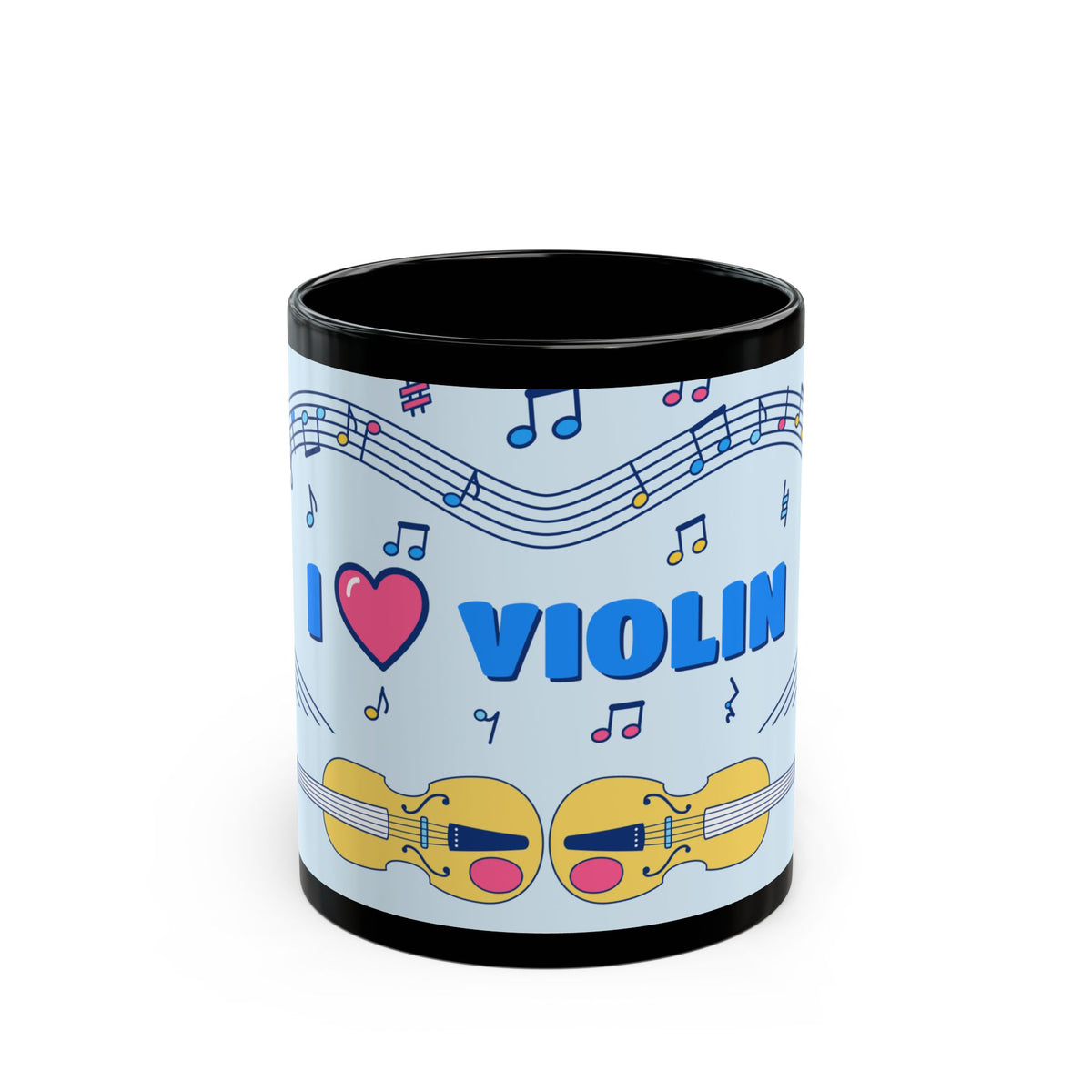 Music-themed Black Mug (11oz, 15oz): 'I love violin' - blue