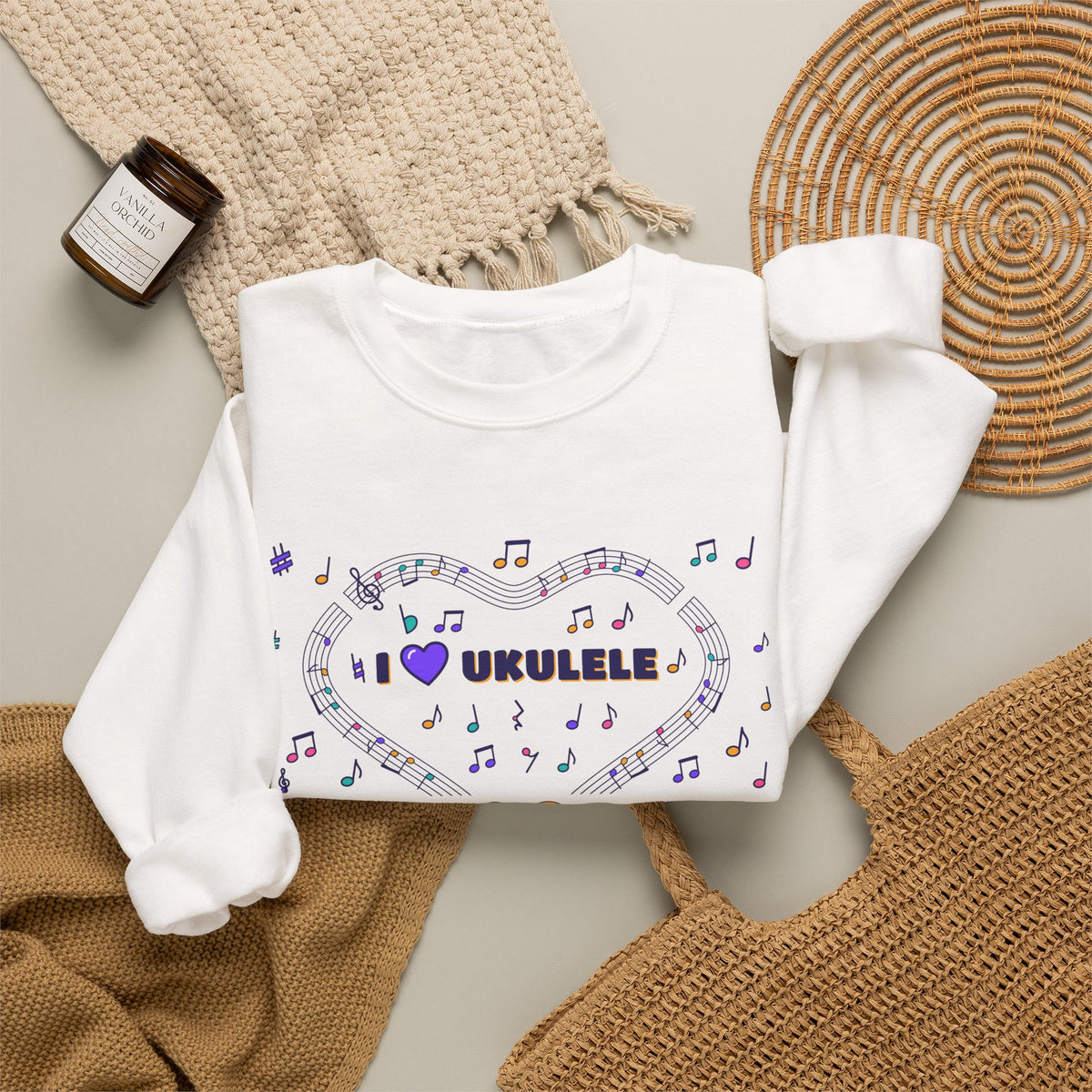 Music-themed Unisex Heavy Blend Crewneck Sweatshirt: 'I love ukulele' - violet