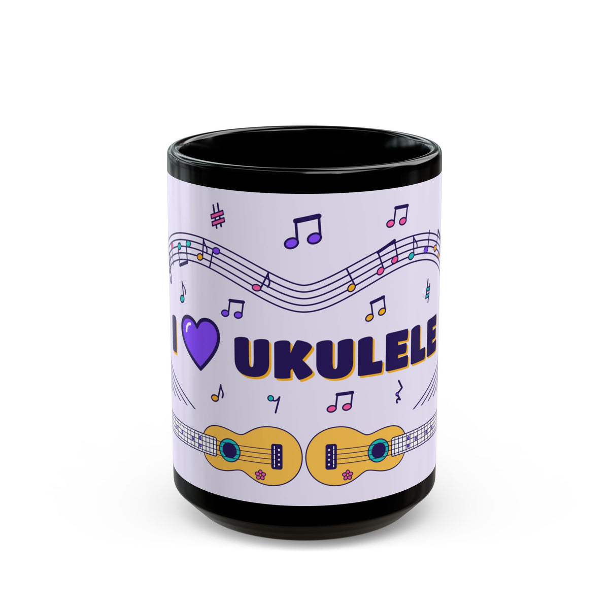 Music-themed Black Mug (11oz, 15oz): 'I love ukulele' - violet